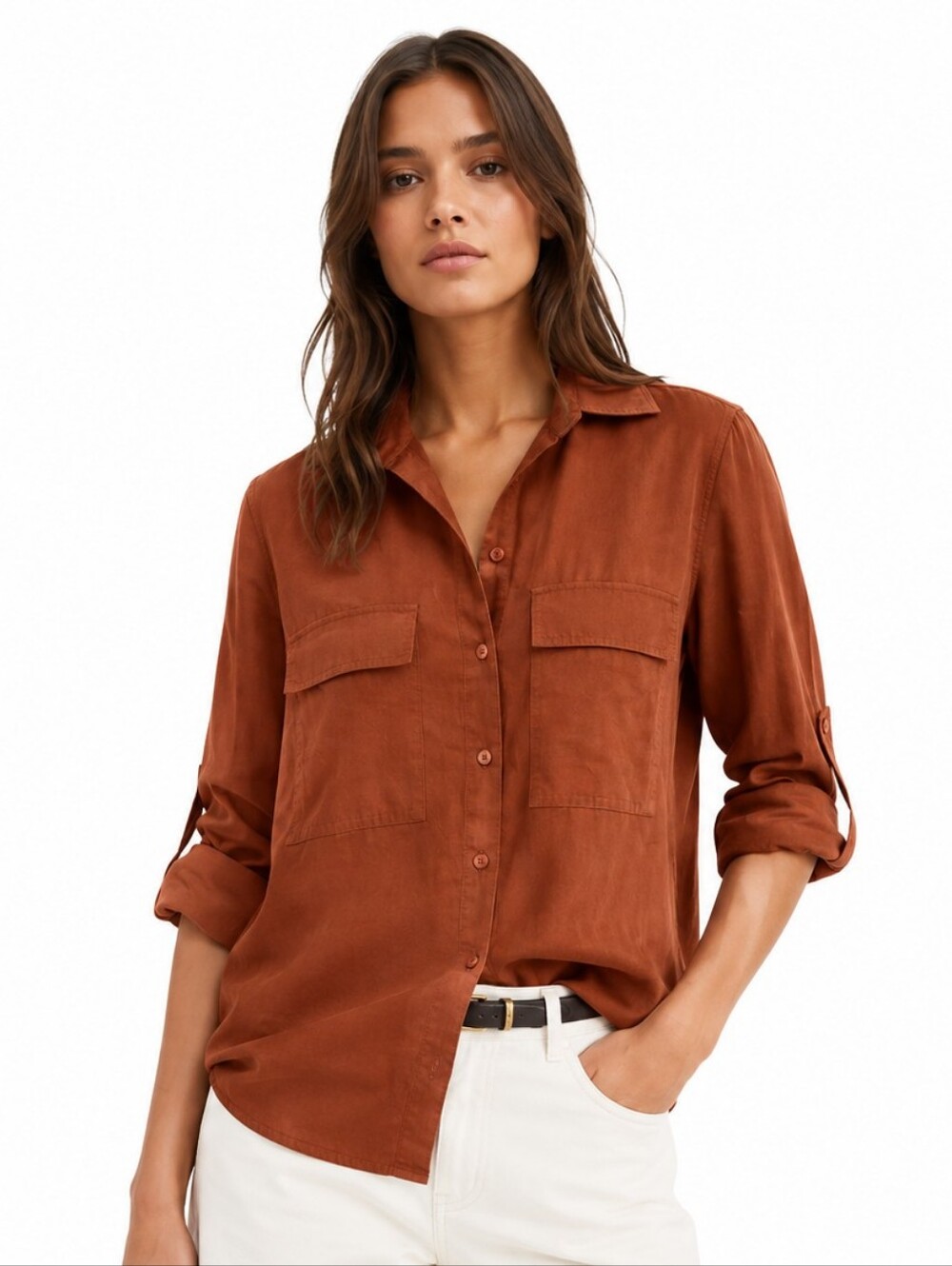Babaton Burnt Orange 100% TENCEL Lyocell Button Up Blouse XS Workwear Utility To